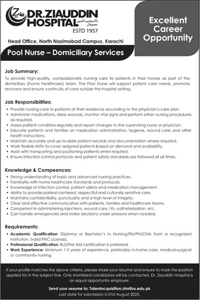 Pool Nurse – Domiciliary Services Job in Karach