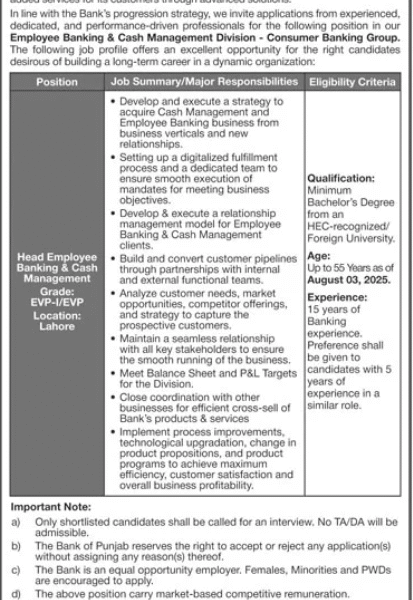 Head of Employee Banking & Cash Management at The Bank of Punjab