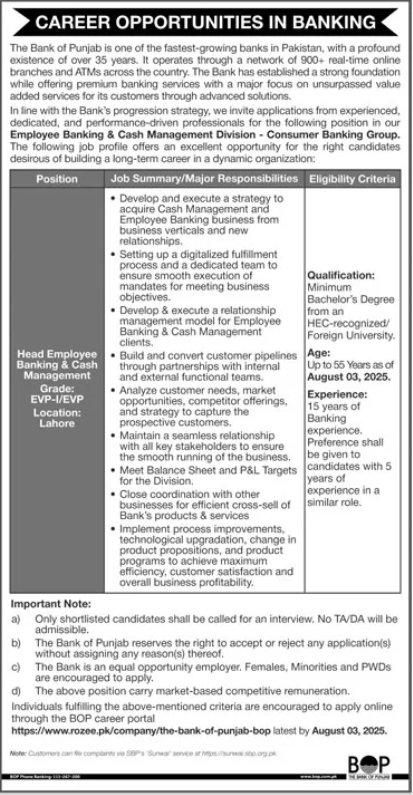 Head of Employee Banking & Cash Management at The Bank of Punjab