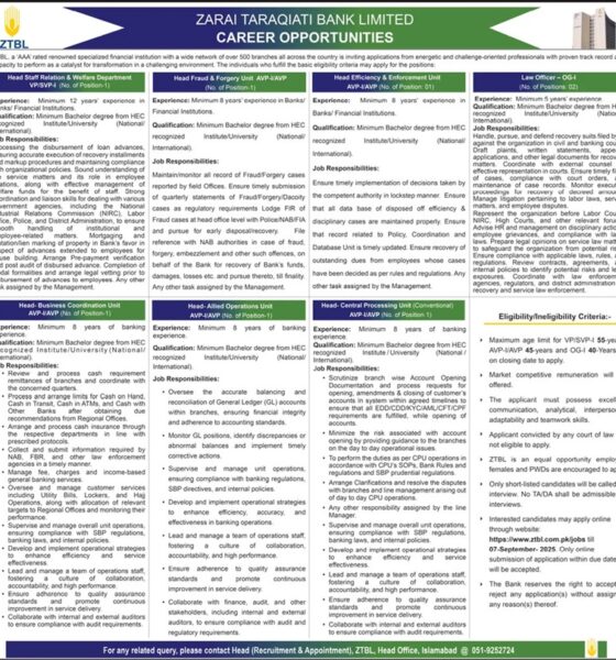 ZTBL (Zarai Taraqiati Bank Limited) Jobs