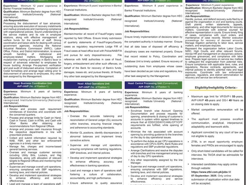 ZTBL (Zarai Taraqiati Bank Limited) Jobs