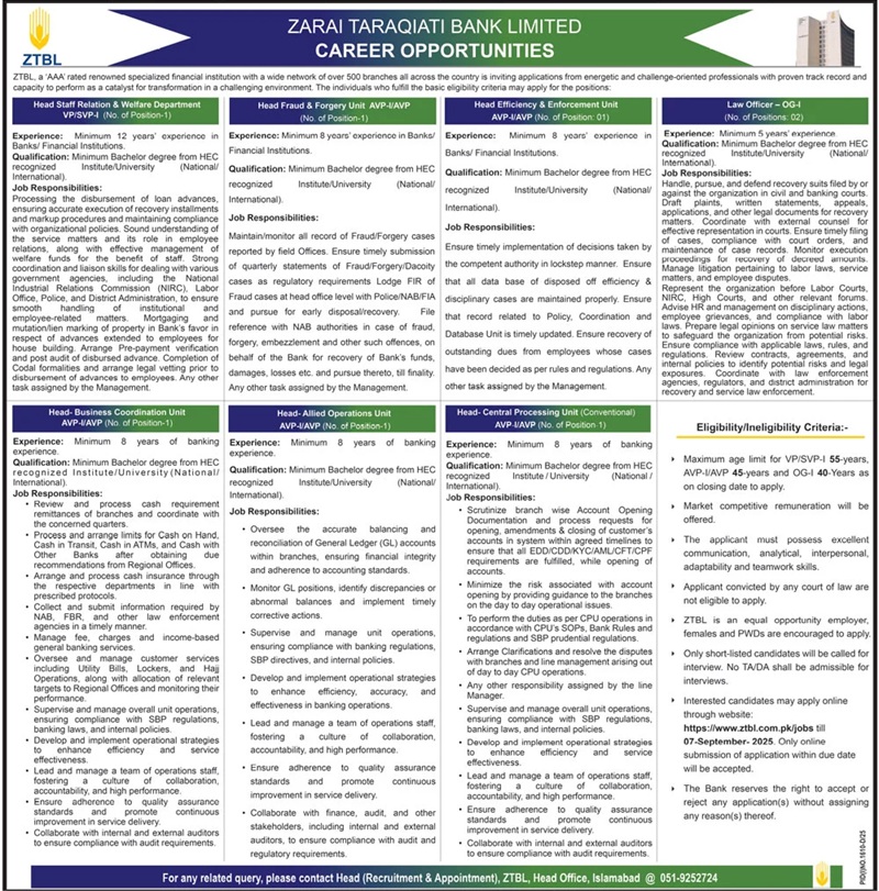 ZTBL (Zarai Taraqiati Bank Limited) Jobs