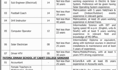 Cadet College Sanghar & Fatima Jinnah School Jobs