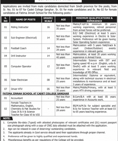 Cadet College Sanghar & Fatima Jinnah School Jobs