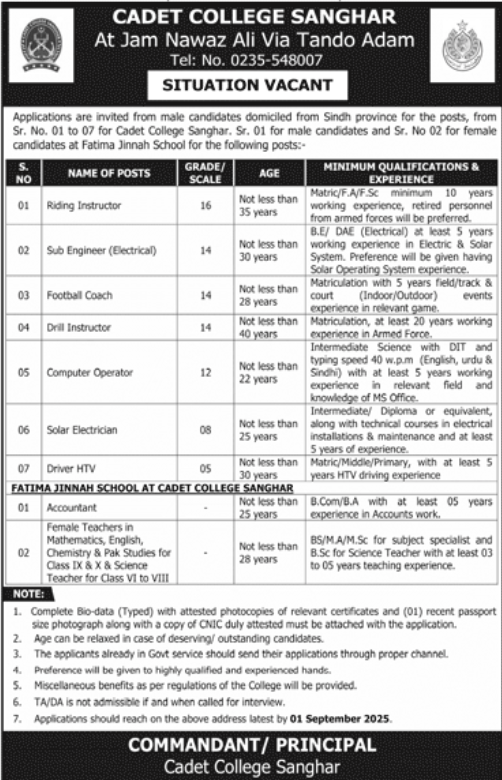 Cadet College Sanghar & Fatima Jinnah School Jobs