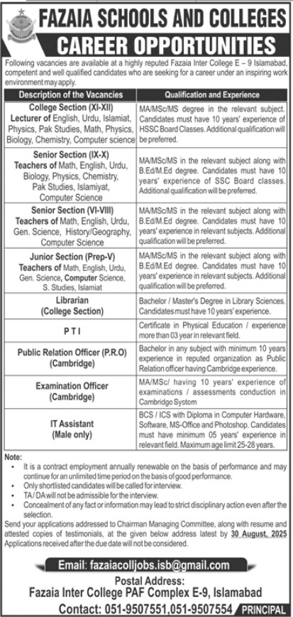 Fazaia Schools and Colleges Jobs
