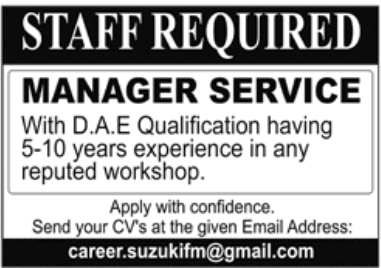 Service Manager - DAE with 5-10 Yrs Workshop Exp