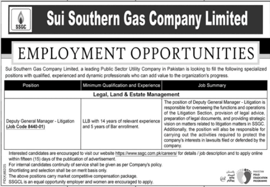 Sui Southern Gas Company Limited (SSGCL) Jobs